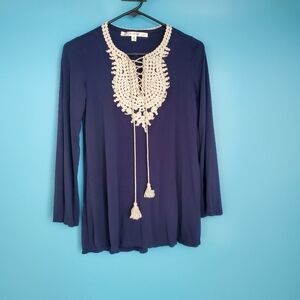 Studio M Blouse Size XS Navy Blue Lace Trim